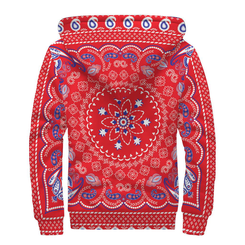 Red Blue And White Bandana Print Sherpa Lined Zip Up Hoodie