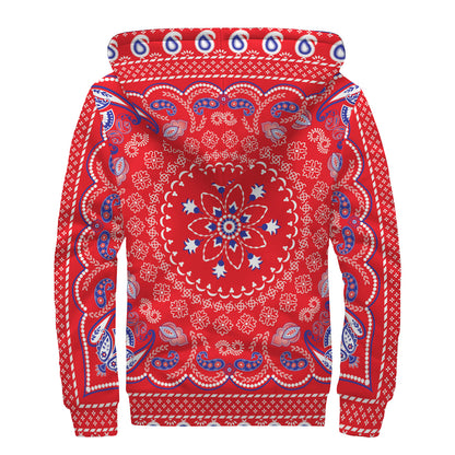 Red Blue And White Bandana Print Sherpa Lined Zip Up Hoodie