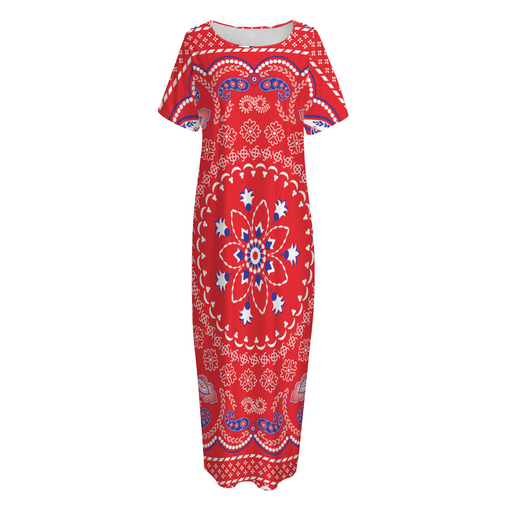 Red Blue And White Bandana Print Short Sleeve Long Nightdress