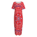 Red Blue And White Bandana Print Short Sleeve Long Nightdress