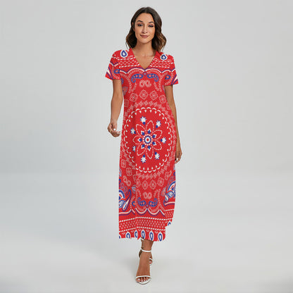 Red Blue And White Bandana Print Short Sleeve Maxi Dress