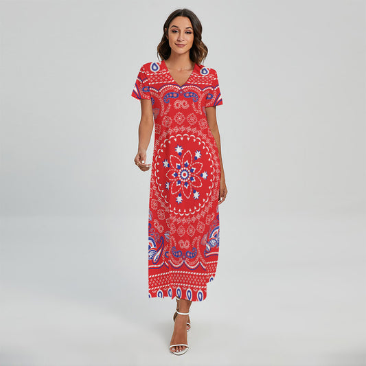 Red Blue And White Bandana Print Short Sleeve Maxi Dress