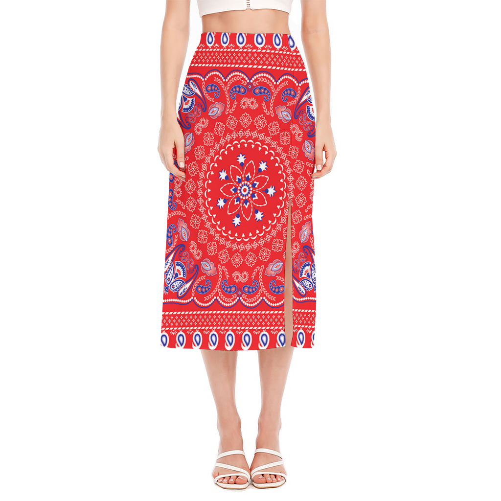 Red Blue And White Bandana Print Side Slit Midi Skirt