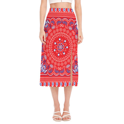 Red Blue And White Bandana Print Side Slit Midi Skirt