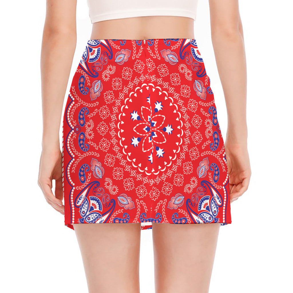 Red Blue And White Bandana Print Side Slit Mini Skirt