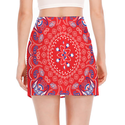 Red Blue And White Bandana Print Side Slit Mini Skirt