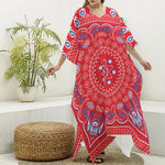 Red Blue And White Bandana Print Silk V-Neck Kaftan Dress