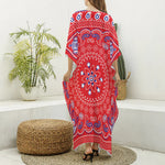 Red Blue And White Bandana Print Silk V-Neck Kaftan Dress