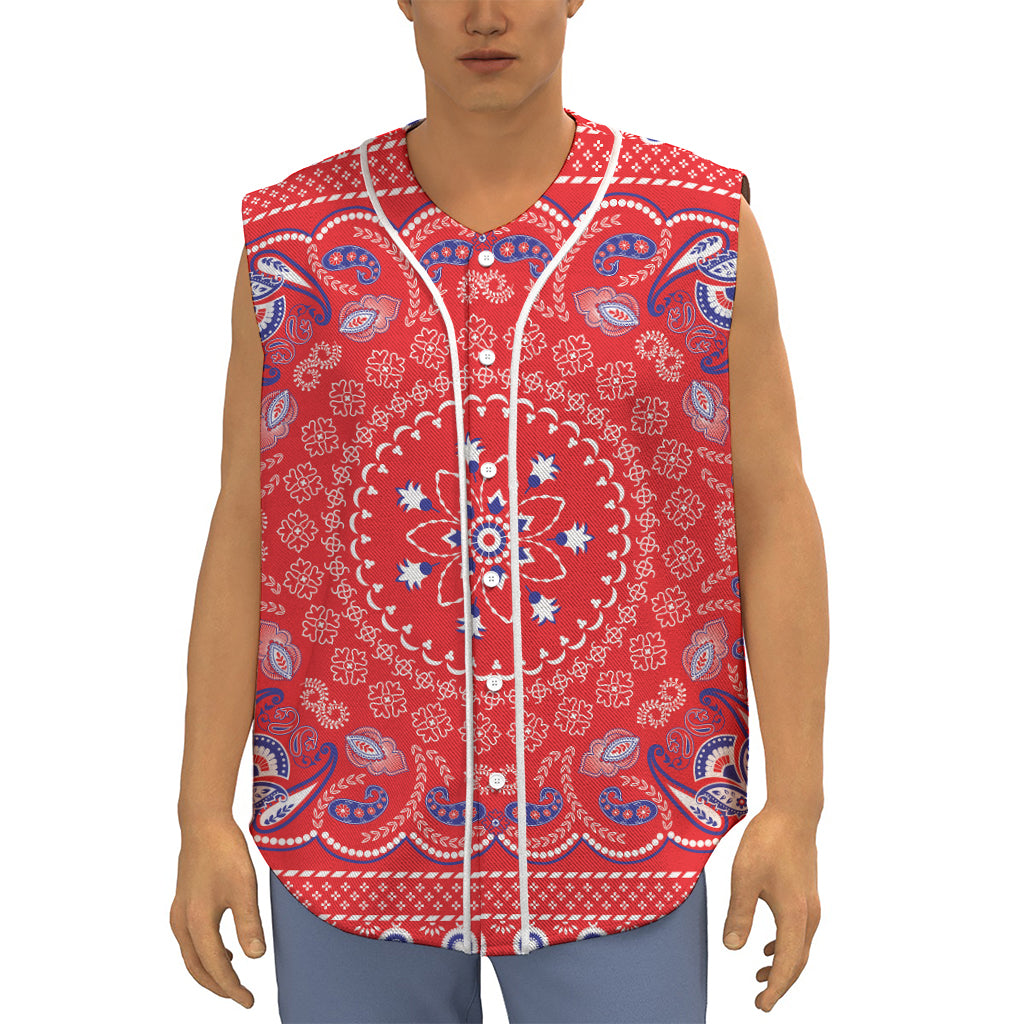 Red Blue And White Bandana Print Sleeveless Baseball Jersey