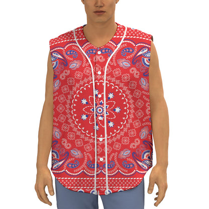 Red Blue And White Bandana Print Sleeveless Baseball Jersey