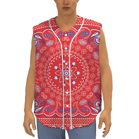Red Blue And White Bandana Print Sleeveless Baseball Jersey