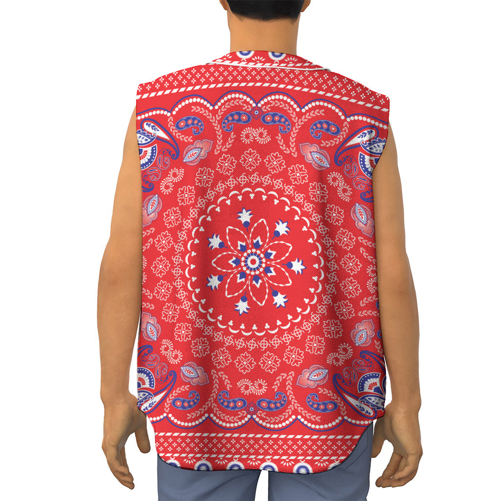 Red Blue And White Bandana Print Sleeveless Baseball Jersey