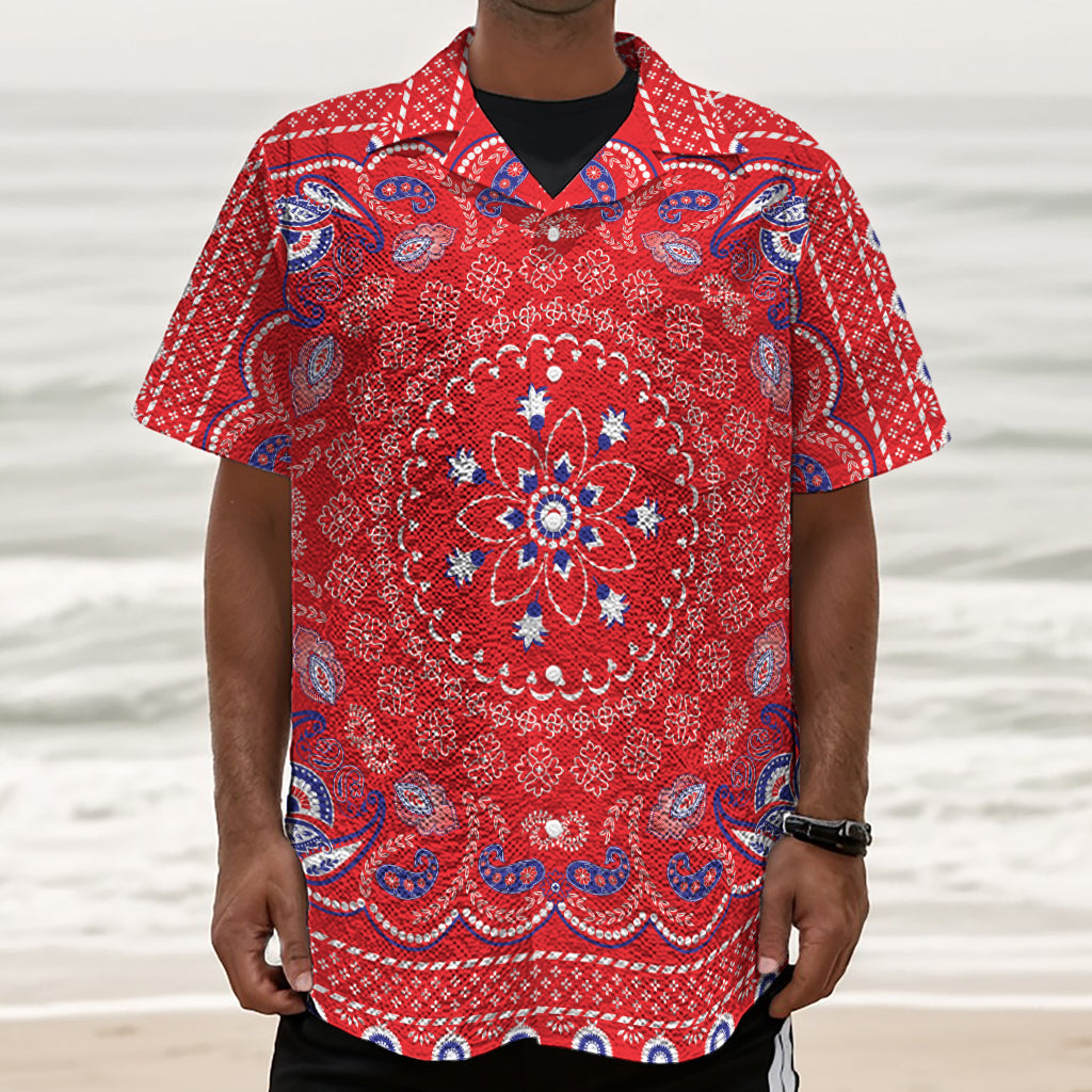Red Blue And White Bandana Print Textured Short Sleeve Shirt