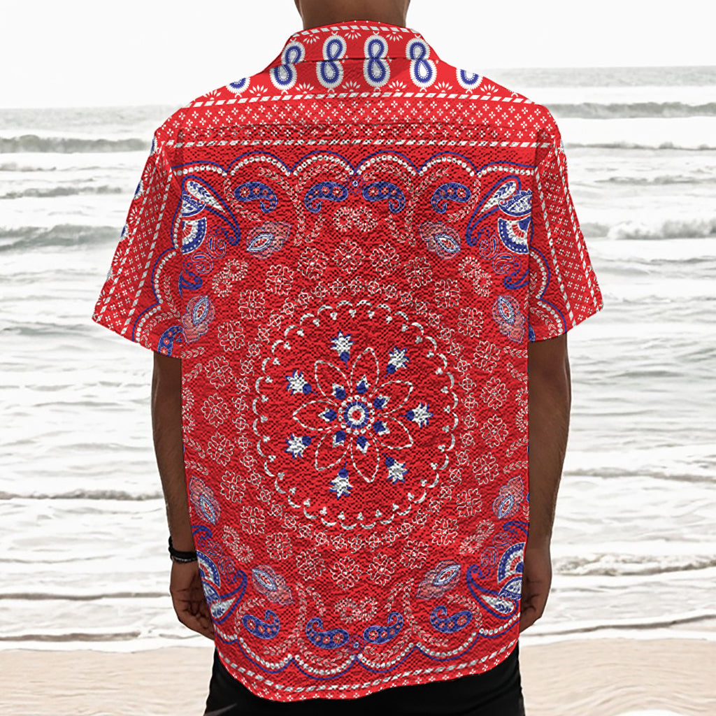 Red Blue And White Bandana Print Textured Short Sleeve Shirt