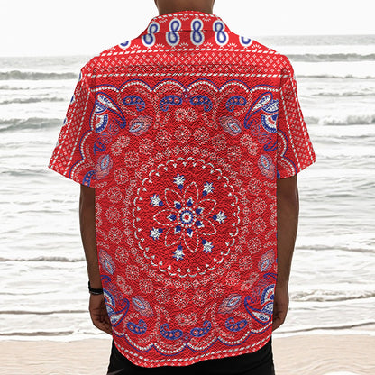Red Blue And White Bandana Print Textured Short Sleeve Shirt