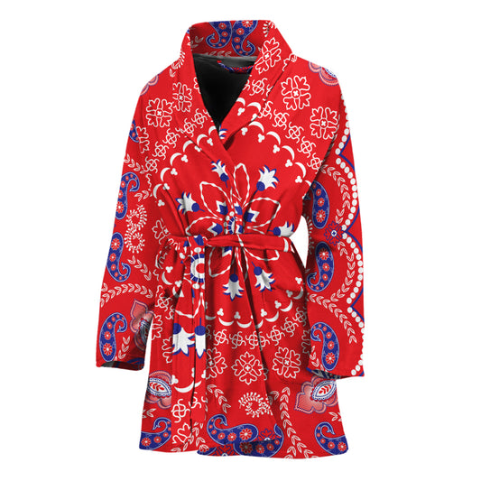 Red Blue And White Bandana Print Women's Bathrobe