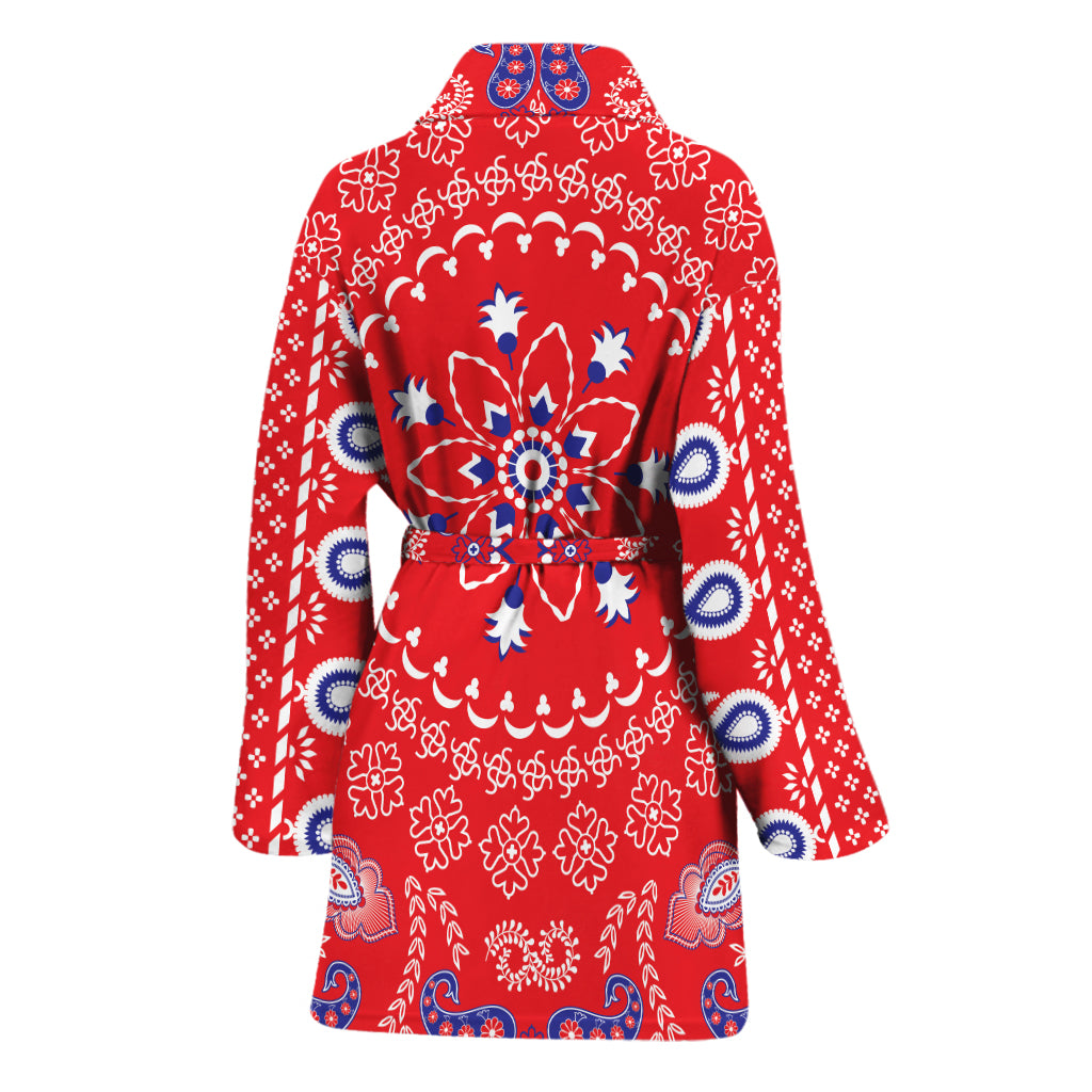 Red Blue And White Bandana Print Women's Bathrobe