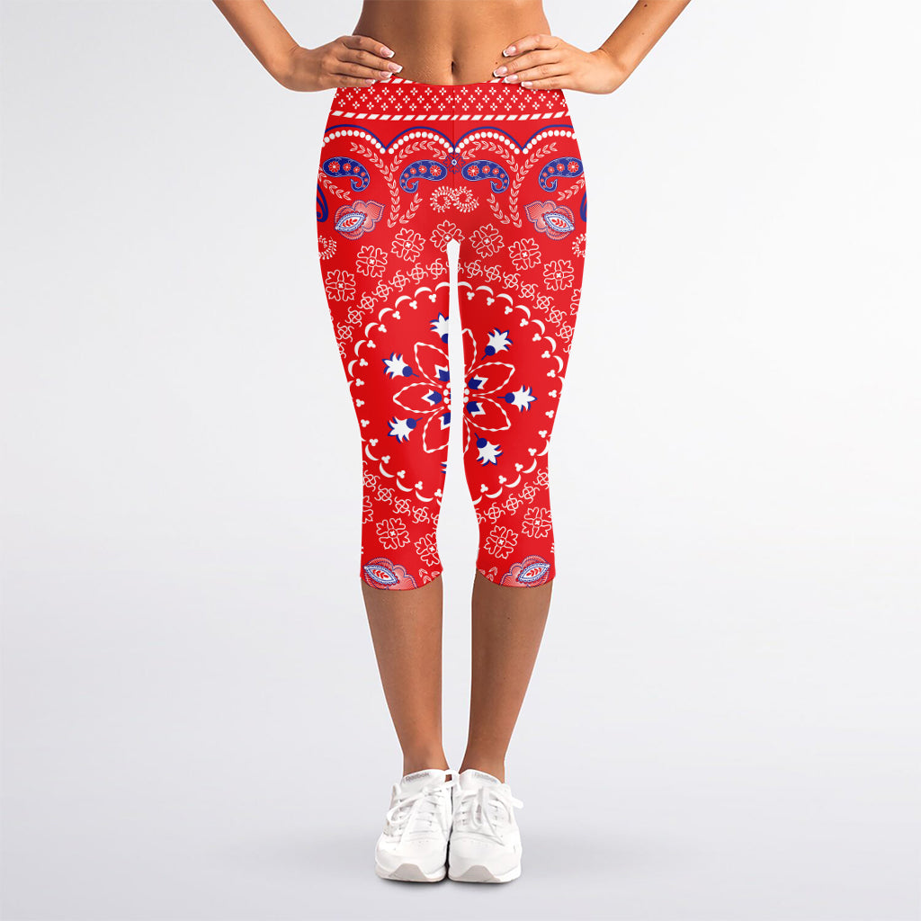 Red Blue And White Bandana Print Women's Capri Leggings