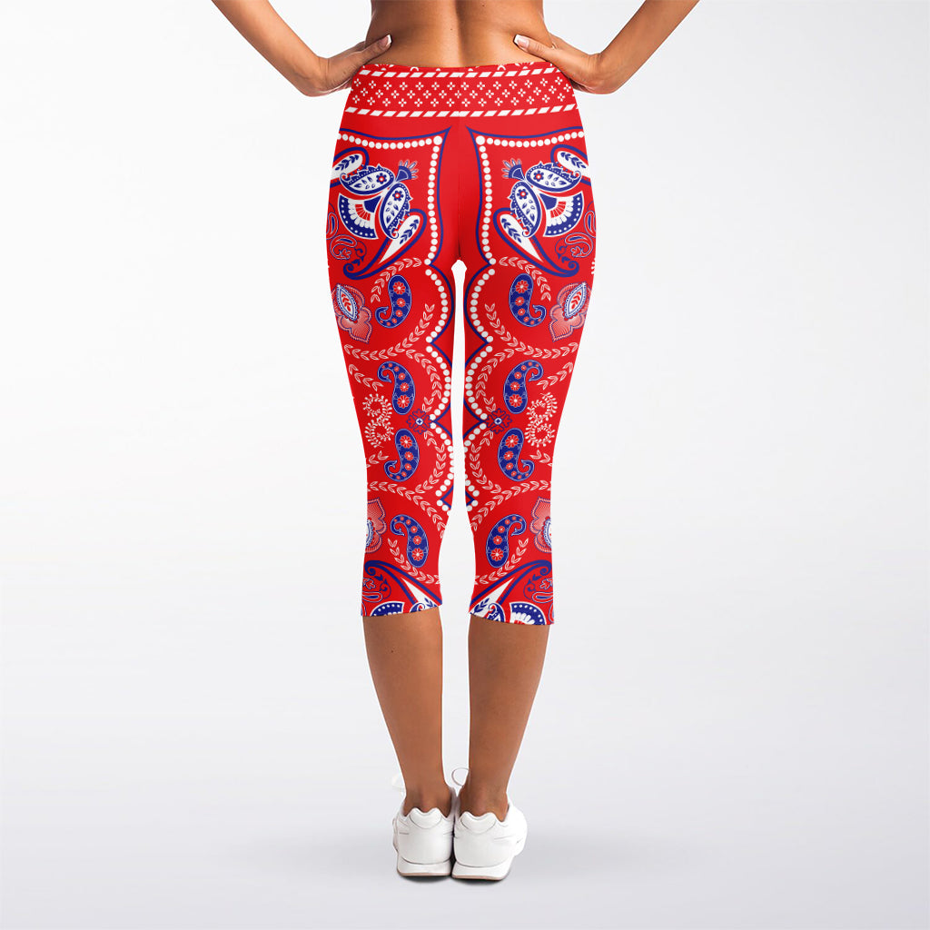 Red Blue And White Bandana Print Women's Capri Leggings