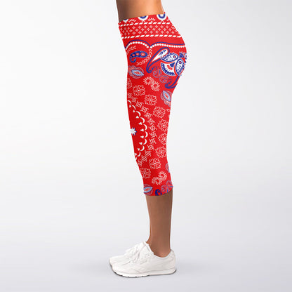 Red Blue And White Bandana Print Women's Capri Leggings