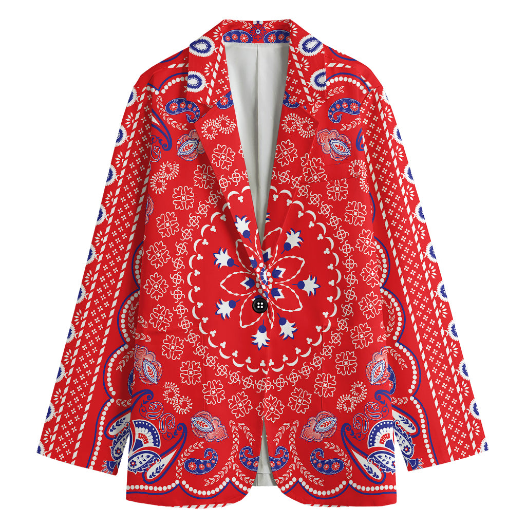 Red Blue And White Bandana Print Women's Cotton Blazer