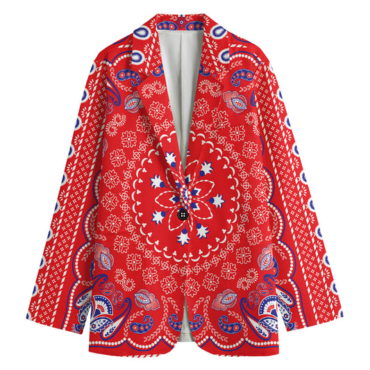 Red Blue And White Bandana Print Women's Cotton Blazer