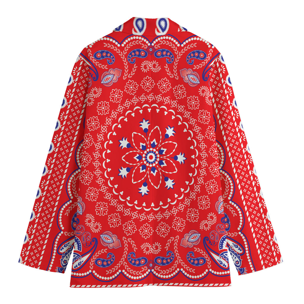 Red Blue And White Bandana Print Women's Cotton Blazer