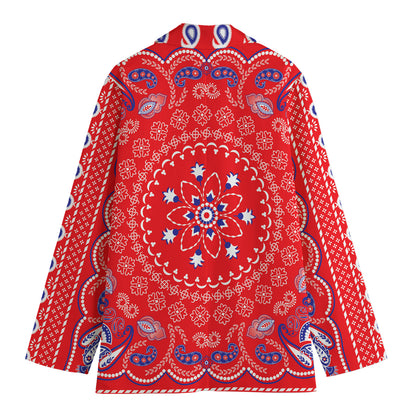 Red Blue And White Bandana Print Women's Cotton Blazer