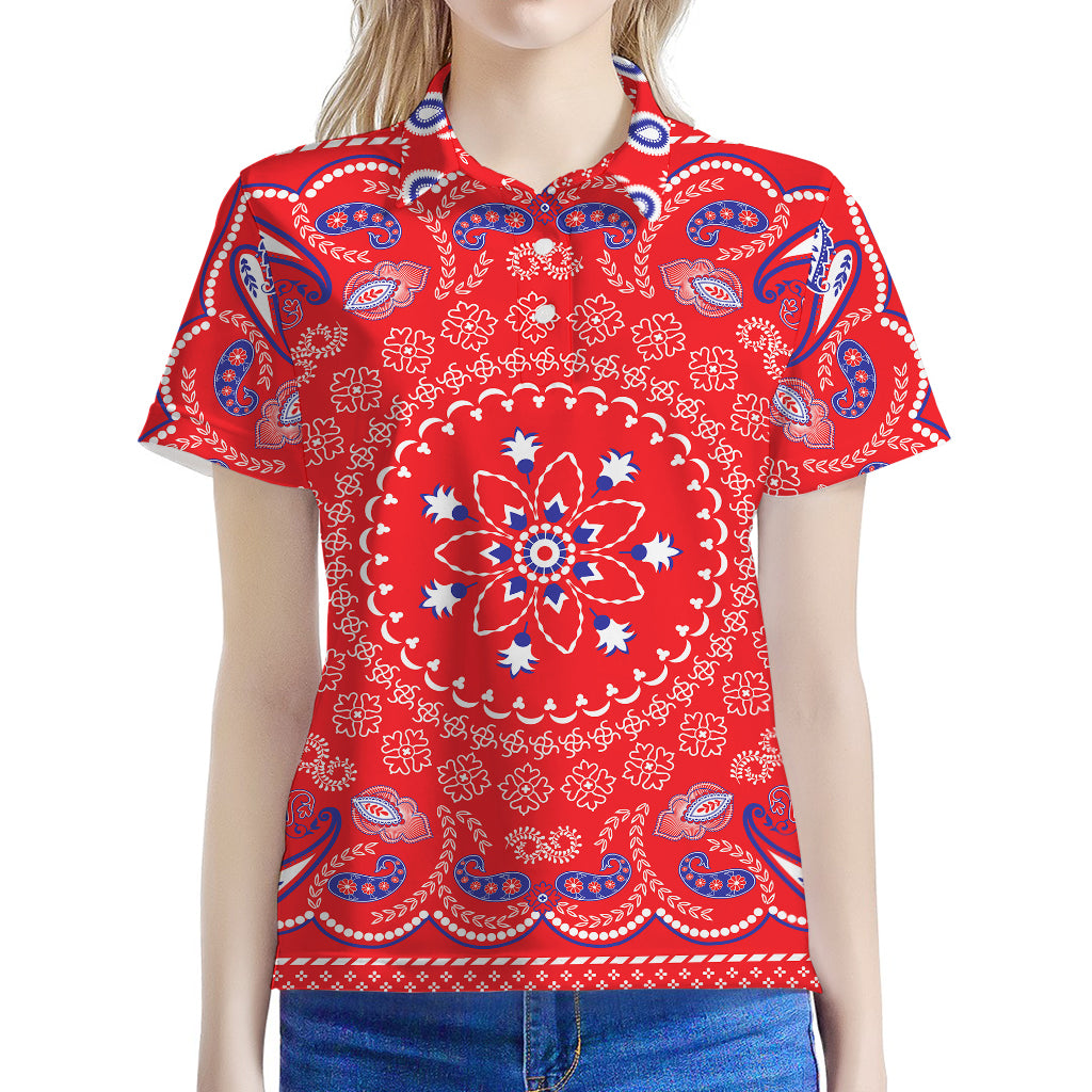 Red Blue And White Bandana Print Women's Polo Shirt