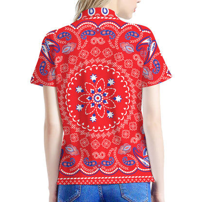 Red Blue And White Bandana Print Women's Polo Shirt
