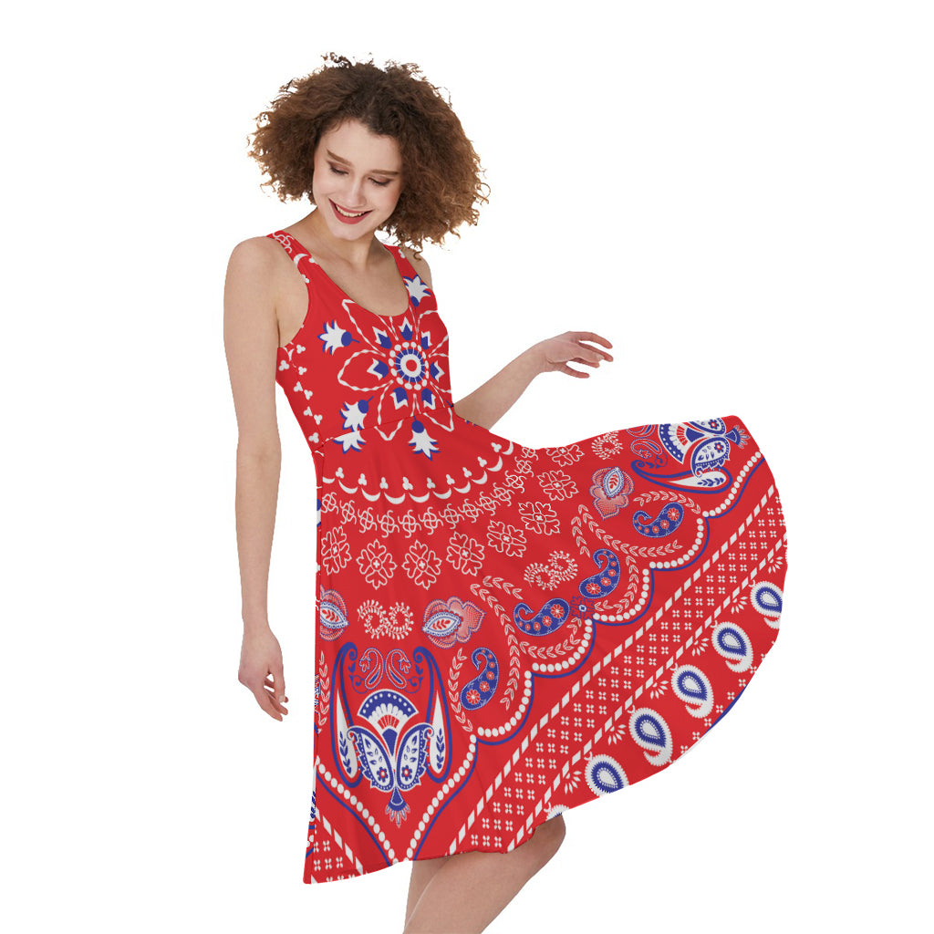 Red Blue And White Bandana Print Women's Sleeveless Dress