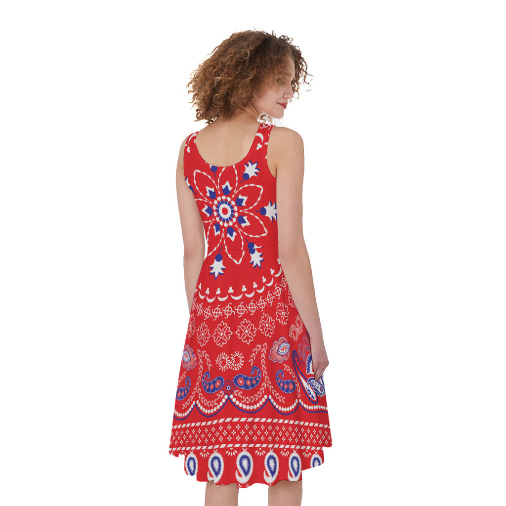 Red Blue And White Bandana Print Women's Sleeveless Dress