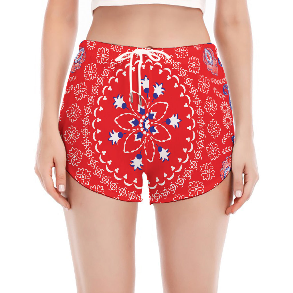 Red Blue And White Bandana Print Women's Split Running Shorts