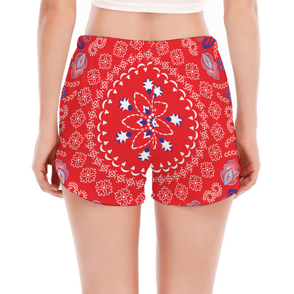 Red Blue And White Bandana Print Women's Split Running Shorts