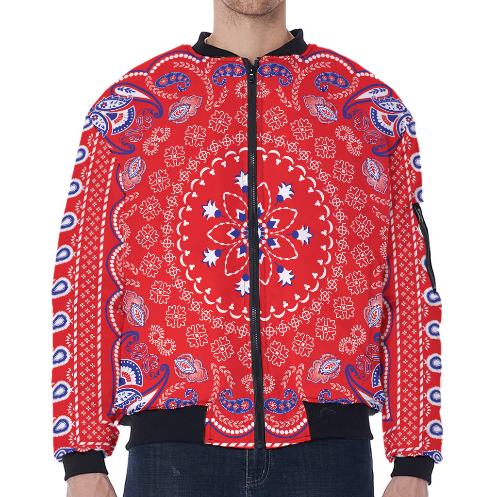 Red Blue And White Bandana Print Zip Sleeve Bomber Jacket