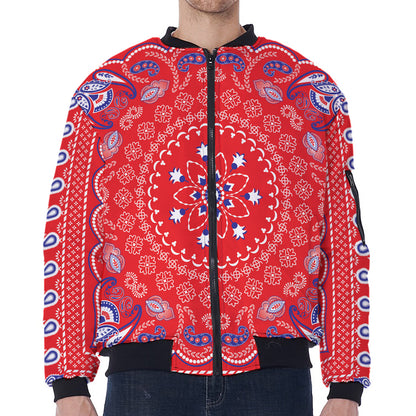 Red Blue And White Bandana Print Zip Sleeve Bomber Jacket