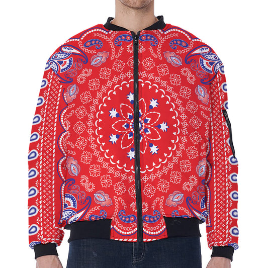 Red Blue And White Bandana Print Zip Sleeve Bomber Jacket