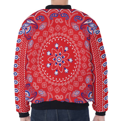 Red Blue And White Bandana Print Zip Sleeve Bomber Jacket
