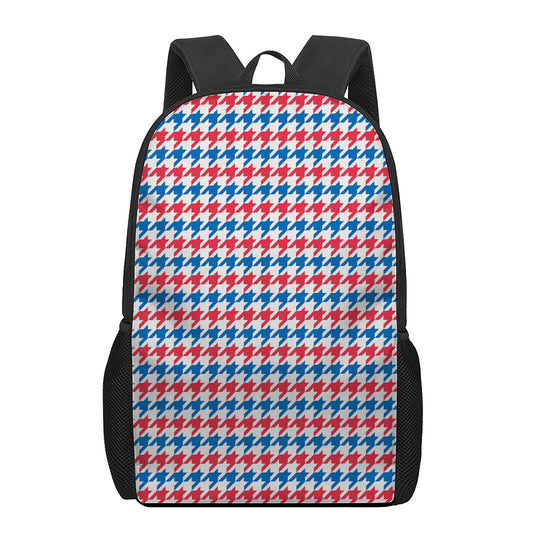 Red Blue And White Houndstooth Print 17 Inch Backpack