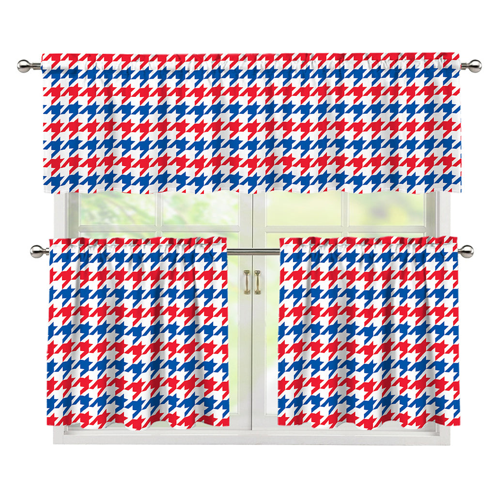 Red Blue And White Houndstooth Print 3 Piece Kitchen Curtains