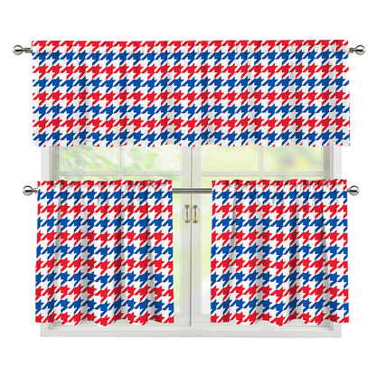 Red Blue And White Houndstooth Print 3 Piece Kitchen Curtains