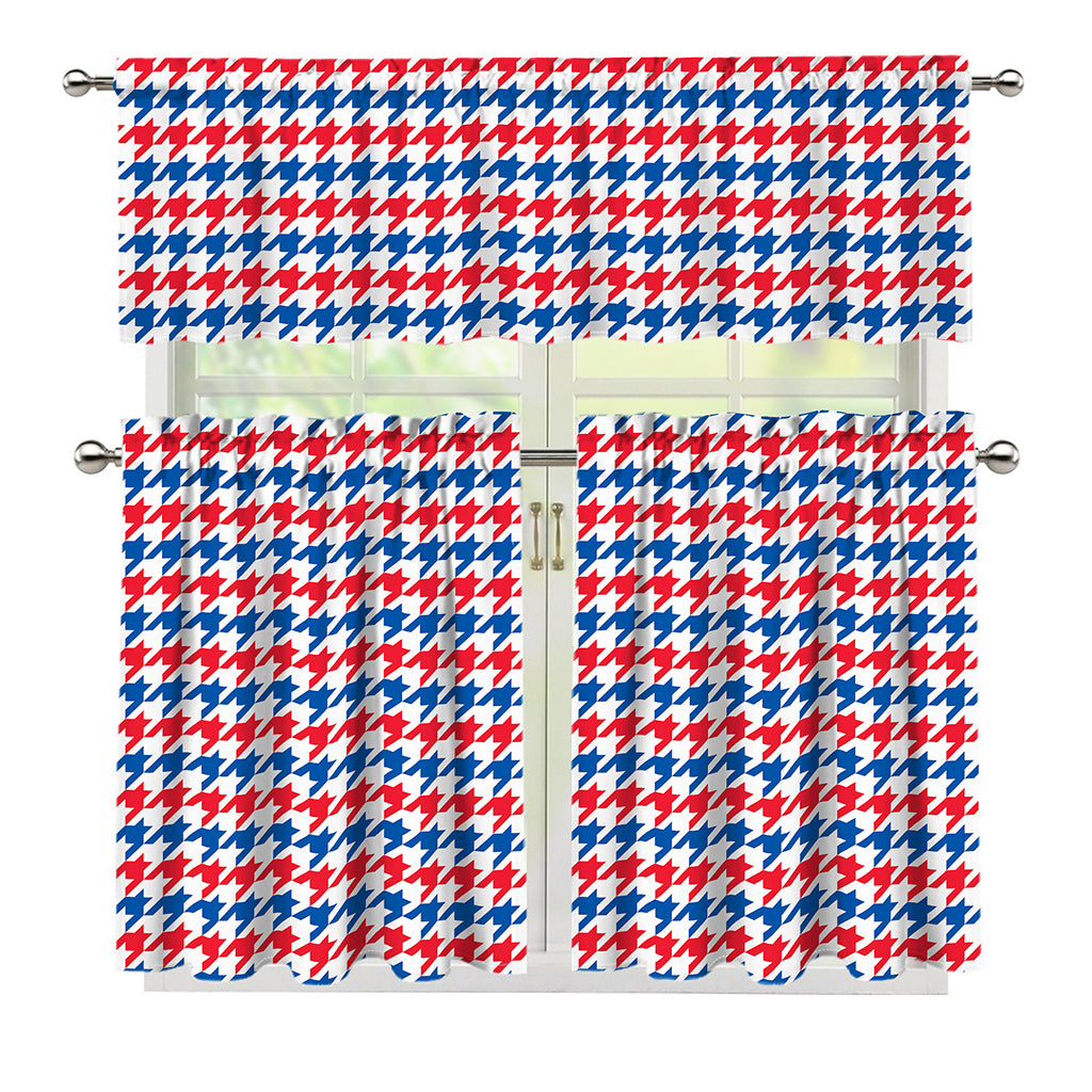 Red Blue And White Houndstooth Print 3 Piece Kitchen Curtains