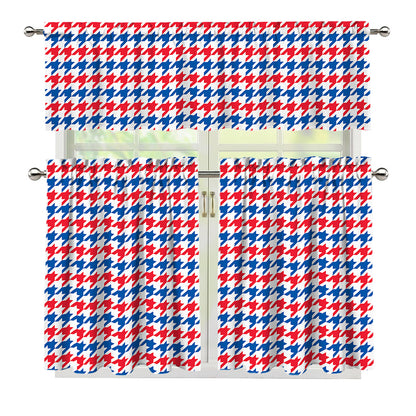Red Blue And White Houndstooth Print 3 Piece Kitchen Curtains