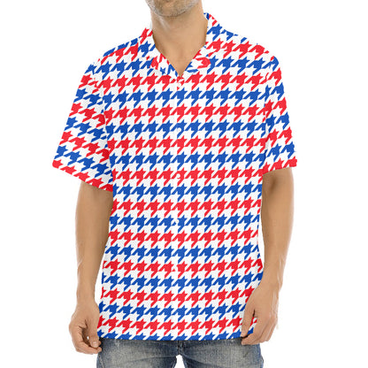 Red Blue And White Houndstooth Print Aloha Shirt