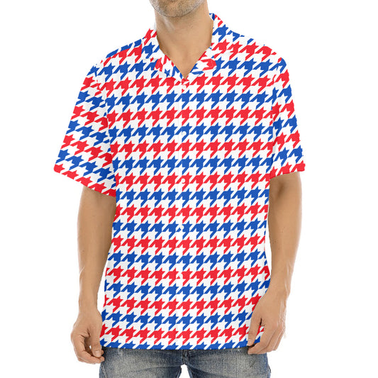 Red Blue And White Houndstooth Print Aloha Shirt