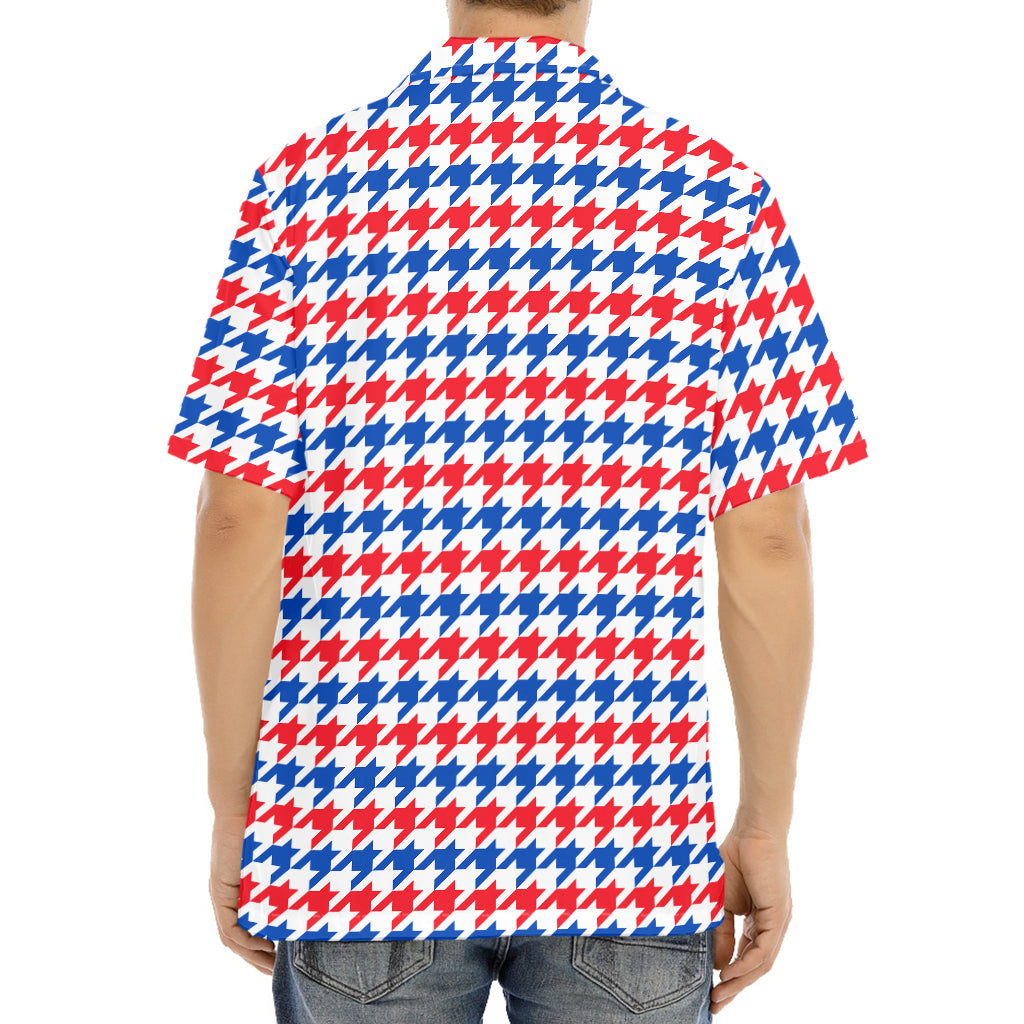 Red Blue And White Houndstooth Print Aloha Shirt