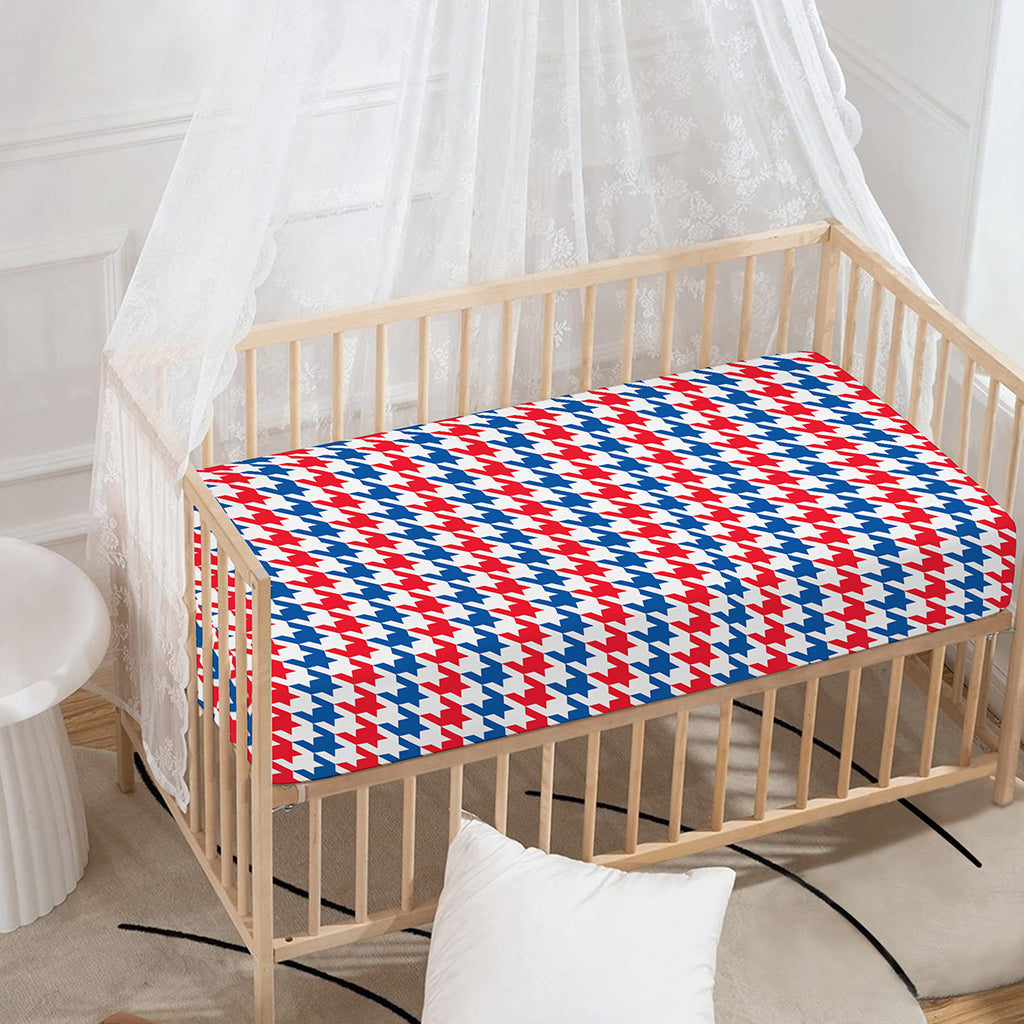 Red Blue And White Houndstooth Print Baby Crib Sheet