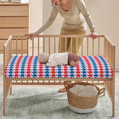 Red Blue And White Houndstooth Print Baby Crib Sheet