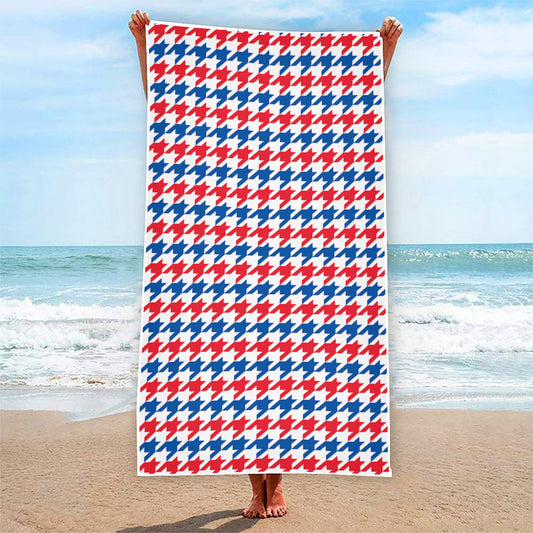 Red Blue And White Houndstooth Print Beach Towel