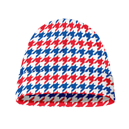 Red Blue And White Houndstooth Print Beanie